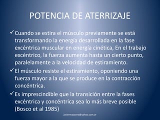 POTENCIA DE ATERRIZAJE 
Cuando se estira el músculo previamente se está 
transformando la energía desarrollada en la fase 
excéntrica muscular en energía cinética, En el trabajo 
excéntrico, la fuerza aumenta hasta un cierto punto, 
paralelamente a la velocidad de estiramiento. 
El músculo resiste el estiramiento, oponiendo una 
fuerza mayor a la que se produce en la contracción 
concéntrica. 
Es imprescindible que la transición entre la fases 
excéntrica y concéntrica sea lo más breve posible 
(Bosco et al 1985) 
javiermazzone@yahoo.com.ar 
 