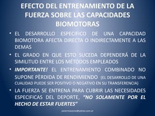 EFECTO DEL ENTRENAMIENTO DE LA 
FUERZA SOBRE LAS CAPACIDADES 
BIOMOTORAS 
• EL DESARROLLO ESPECIFICO DE UNA CAPACIDAD 
BIOMOTORA AFECTA DIRECTA O INDIRECTAMENTE A LAS 
DEMAS 
• EL GRADO EN QUE ESTO SUCEDA DEPENDERÁ DE LA 
SIMILITUD ENTRE LOS MÉTODOS EMPLEADOS 
• IMPORTANTE! EL ENTRENAMIENTO COMBINADO NO 
SUPONE PÈRDIDA DE RENDIMIENDO (EL DESARROLLO DE UNA 
CUALIDAD PUEDE SER POSITIVO O NEGATIVO EN SU TRANSFERENCIA) 
• LA FUERZA SE ENTRENA PARA CUBRIR LAS NECESIDADES 
ESPECIFICAS DEL DEPORTE, “NO SOLAMENTE POR EL 
HECHO DE ESTAR FUERTES” 
javiermazzone@yahoo.com.ar 
 