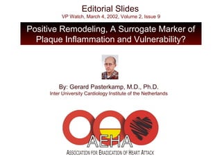 Editorial Slides
VP Watch, March 4, 2002, Volume 2, Issue 9
Positive Remodeling, A Surrogate Marker of
Plaque Inflammation and Vulnerability?
By: Gerard Pasterkamp, M.D., Ph.D.
Inter University Cardiology Institute of the Netherlands
 