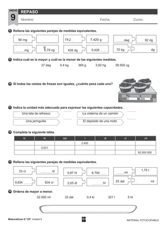 8
9
10
11
12
13
14
Rellena las siguientes parejas de medidas equivalentes.
Indica cuál es la mayor y cuál es la menor de las siguientes medidas.
37 dag 0,4 kg 369 g 3,92 hg 38.500 cg
Si todas las cestas de fresas son iguales, ¿cuánto pesa cada una?
Indica la unidad más adecuada para expresar las siguientes capacidades.
Completa la siguiente tabla.
kl hl dal l dl cl ml
2.450
0,031
82.000.000
Rellena las siguientes parejas de medidas equivalentes.
kl
Ordena de mayor a menor.
32.000 ml 33 dal 0,4 kl 321 l 5 hl
Matemáticas 6.º EP. Unidad 9 MATERIAL FOTOCOPIABLE
UNIDAD
9
REPASO
Nombre: Fecha: Curso:
g
56 mg 7.420 g74,2
72 kg dg
Una lata de refresco La cisterna de un camión
Una jeringuilla El depósito de una moto
33 cl
25 dal ml834 cl0,834
6,79 cgmg 0,428428 dg
92 dgdag
8.7000,87 hl
hl2,05 dl
1,75 ℓml
1,75 l
 