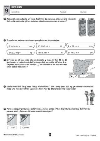 15
16
17
18
19
Adriana bebe cada día un vaso de 200 ml de zumo en el desayuno y uno de
3 dl en la merienda. ¿Para cuántos días tiene con estos envases?
Transforma estas expresiones complejas en incomplejas.
El Teide es el pico más alto de España y mide 37 hm 18 m. El
Mulhacén, el más alto de la Península Ibérica, mide 347 dam 9 m.
Expresa estas alturas en metros. ¿Qué diferencia de altura existe
entre estos dos picos?
Daniel mide 175 cm y pesa 75 kg. María mide 17 dm 3 cm y pesa 630 hg. ¿Cuántos centímetros
mide uno más que otro? ¿Cuántos kilos hay de diferencia entre sus pesos?
Para conseguir pintura de color verde, Javier utiliza 175 cl de pintura amarilla y 1.250 ml de
pintura azul. ¿Cuántos litros de mezcla consigue?
Matemáticas 6.º EP. Unidad 9 MATERIAL FOTOCOPIABLE
UNIDAD
9
REPASO
Nombre: Fecha: Curso:
6 kg 34 cg = dag 67 hl 49 ml = kl 4 m 32 cm = mm
67 g 22 mg = hg 721 dl 3 ml = hl 51 hm 3 m = cm
 
