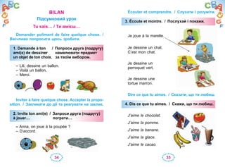 34 35
BILAN
Підсумковий урок
Tu sais… / Ти вмієш…
Demander poliment de faire quelque chose. /
Ввічливо попросити щось зробити.
1. Demande à ton / Попроси друга (подругу)
ami(e) de dessiner намалювати предмет
un objet de ton choix. за твоїм вибором.
– Lili, dessine un ballon.
– Voilà un ballon.
– Merci.
Inviter à faire quelque chose. Accepter la propo-
sition. / Закликати до дії та реагувати на заклик.
2. Invite ton ami(e) / Запроси друга (подругу)
à jouer… пограти…
– Anna, on joue à la poupée ?
– D’accord.
1. Demande à ton / Попроси друга (подругу)
ami(e) de dessiner намалювати предмет
un objet de ton choix. за твоїм вибором.
2. Invite ton ami(e) / Запроси друга (подругу)
à jouer… пограти…
Écouter et comprendre. / Слухати і розуміти.
3. Éсoute et montre. / Послухай і покажи.
Je joue à la marelle.
Je dessine un chat.
C’est mon chat.
Je dessine un
perroquet vert.
Je dessine une
tortue marron.
Dire ce que tu aimes. / Сказати, що ти любиш.
4. Dis ce que tu aimes. / Скажи, що ти любиш.
J’aime le chocolat.
J’aime la pomme.
J’aime la banane.
J’aime la glace.
J’aime le cacao.
3. Éсoute et montre. / Послухай і покажи.
4. Dis ce que tu aimes. / Скажи, що ти любиш.
 