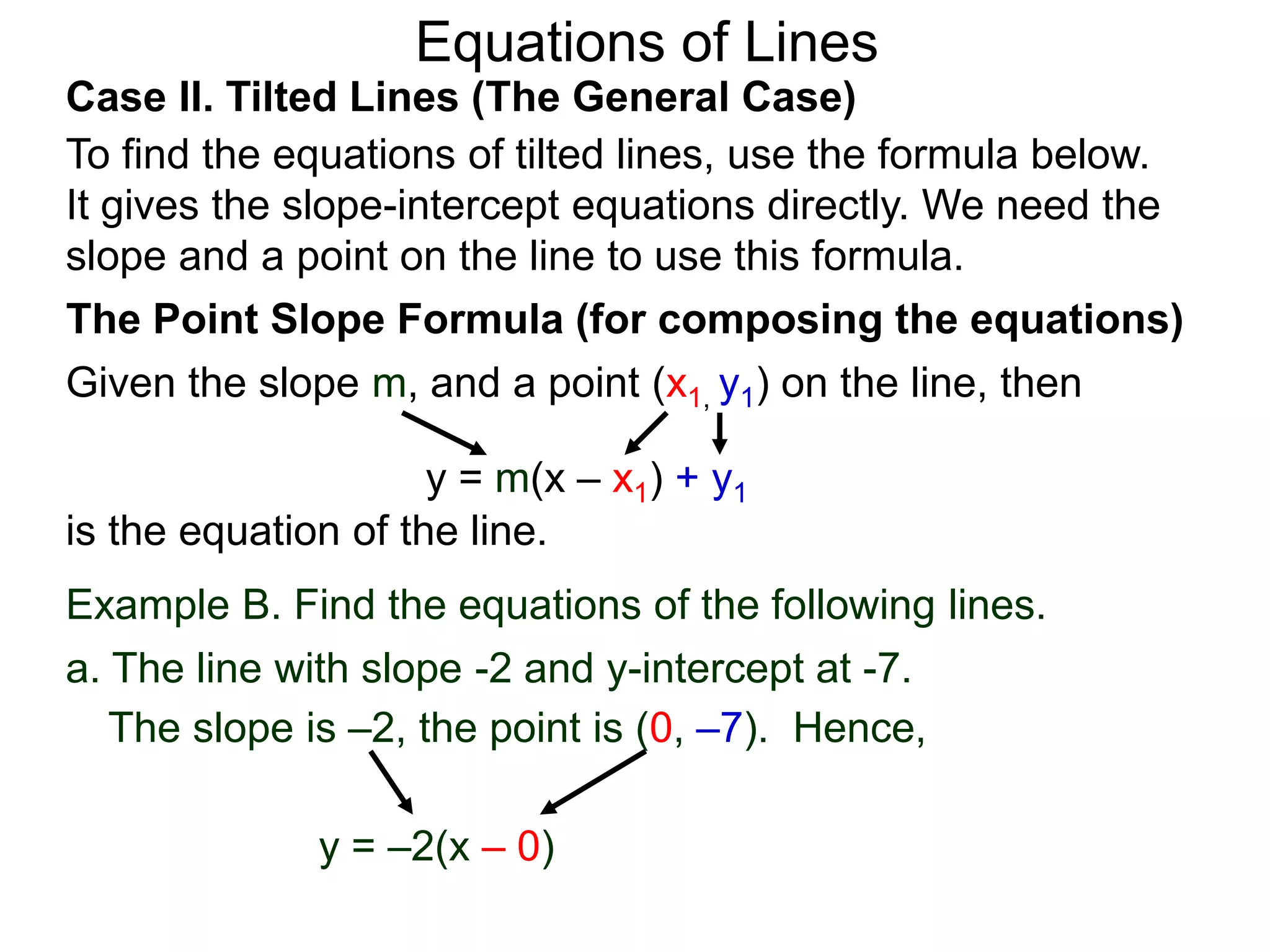 Equations of Lines
Case II. Tilted Lines (The General Case)
To find the equations of tilted lines, use the formula below.
It gives the slope-intercept equations directly. We need the
slope and a point on the line to use this formula.
Given the slope m, and a point (x1, y1) on the line, then
The Point Slope Formula (for composing the equations)
y = m(x – x1) + y1
is the equation of the line.
The slope is –2, the point is (0, –7). Hence,
y = –2(x – 0)
Example B. Find the equations of the following lines.
a. The line with slope -2 and y-intercept at -7.
 
