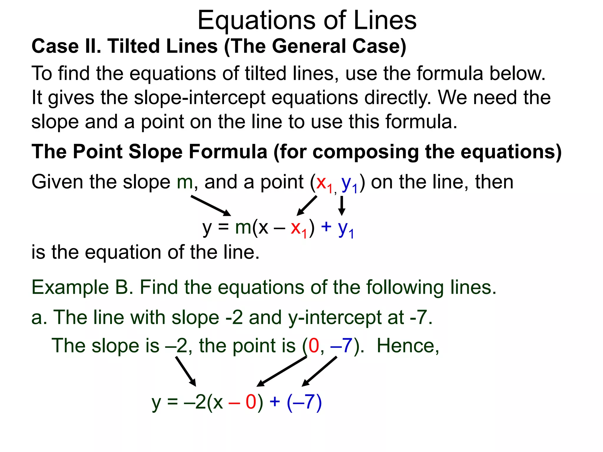Equations of Lines
Case II. Tilted Lines (The General Case)
To find the equations of tilted lines, use the formula below.
It gives the slope-intercept equations directly. We need the
slope and a point on the line to use this formula.
Given the slope m, and a point (x1, y1) on the line, then
The Point Slope Formula (for composing the equations)
y = m(x – x1) + y1
is the equation of the line.
The slope is –2, the point is (0, –7). Hence,
y = –2(x – 0) + (–7)
Example B. Find the equations of the following lines.
a. The line with slope -2 and y-intercept at -7.
 