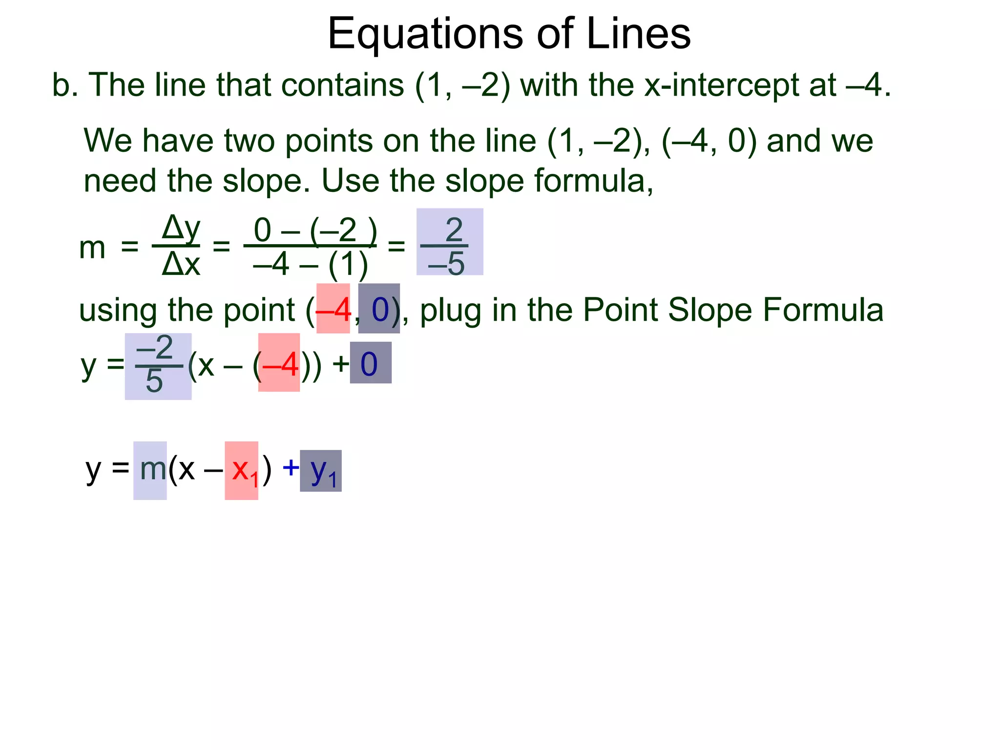 b. The line that contains (1, –2) with the x-intercept at –4.
Δy
Δx
0 – (–2 )
–4 – (1)
2
–5
=
y =
We have two points on the line (1, –2), (–4, 0) and we
need the slope. Use the slope formula,
=
using the point (–4, 0), plug in the Point Slope Formula
5
–2
(x – (–4)) + 0
m =
Equations of Lines
y = m(x – x1) + y1
 