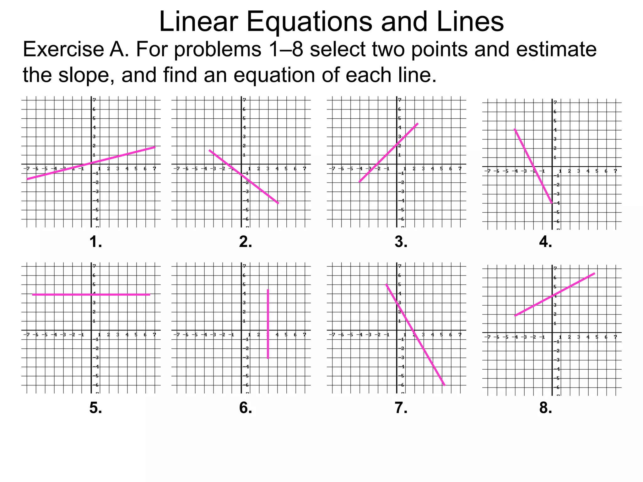 Linear Equations and Lines
Exercise A. For problems 1–8 select two points and estimate
the slope, and find an equation of each line.
1. 2. 3. 4.
5. 6. 7. 8.
 