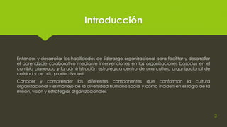 Introducción
Entender y desarrollar las habilidades de liderazgo organizacional para facilitar y desarrollar
el aprendizaje colaborativo mediante intervenciones en las organizaciones basadas en el
cambio planeado y la administración estratégica dentro de una cultura organizacional de
calidad y de alta productividad.
Conocer y comprender los diferentes componentes que conforman la cultura
organizacional y el manejo de la diversidad humano social y cómo inciden en el logro de la
misión, visión y estrategias organizacionales
3
 