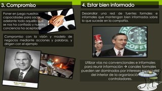 Poner en juego nuestras
capacidades para sacar
adelante todo aquello que
se nos ha confiado y nuestra
conciencia ha aceptado.
Compromiso con la visión y modelo de
negocios mediante acciones y palabras, y
dirigen con el ejemplo
Desarrollar una red de fuentes formales e
informales que mantengan bien informados sobre
lo que sucede en la compañía.
Utilizar vías no convencionales e informales
para reunir información  canales formales
pueden ser dominados por intereses especiales
del interior de la organización o por
controladores.
 
