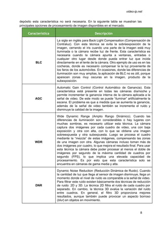  
 
video­ip.net 
depósito esta característica no será necesaria. En la siguiente tabla se muestran las                         
principales opciones de procesamiento de imagen disponibles en el mercado. 
Característica Descripción
 
 
 
 
 
 
BLC 
La sigla en inglés para Back Light Compensation (Compensación de                   
Contraluz). Con esta técnica se evita la sobreexposición de la                   
imagen, cerrando el iris cuando una parte de la imagen está muy                       
iluminada o la cámara recibe luz de frente. Esta característica es                     
necesaria cuando la cámara apunta a ventanas, entradas o                 
cualquier otro lugar desde donde pueda entrar luz que incida                   
directamente en el lente de la cámara. Otro ejemplo de uso es en las                           
cocheras, donde es necesario compensar la la luz proveniente de                   
los faros de los automóviles. En ocasiones, donde las diferencias de                     
iluminación son muy amplias, la aplicación de BLC no es útil, porque                       
aparecen zonas muy oscuras en la imagen, producto de la                   
subexposición. 
 
 
 
AGC 
Automatic Gain Control (Control Automático de Ganancia). Esta               
característica está presente en todas las cámaras día/noche y                 
permite incrementar la ganancia interna de la cámara aplicada a la                     
señal de video. De este modo se puede “iluminar” artificialmente la                     
escena. El problema es que a medida que se aumenta la ganancia,                       
además de la señal de video también se incrementa el ruido y                       
disminuye la calidad de la imagen.  
 
 
 
 
 
 
 
WDR 
Wide Dynamic Range (Amplio Rango Dinámico). Cuando las               
diferencias de iluminación son considerables o hay lugares con                 
muchas sombras, es necesario utilizar esta técnica. La cámara                 
captura dos imágenes por cada cuadro de video, una con baja                     
exposición y otra con alta, con lo que se obtiene una imagen                       
sobreexpuesta y otra subexpuesta. Luego se procesa el cuadro                 
mediante la “mezcla” de estas imágenes, compensando las zonas                 
de una imagen con otra. Algunas cámaras incluso toman más de                     
dos imágenes por cuadro, lo que mejora el resultado final. Para usar                       
esta técnica la cámara debe poder procesar al menos el doble de                       
imágenes por segundo de la máxima cantidad de cuadros por                   
segundo (FPS), lo que implica una elevada capacidad de                 
procesamiento. Es por esto que esta característica solo se                 
encuentra en cámaras de gama media y alta. 
 
 
 
 
DNR 
Dynamic Noise Reduction (Reducción Dinámica de Ruido). Cuando               
la cantidad de luz que llega al sensor de imagen disminuye, llega un                         
momento donde el nivel de ruido es comparable a la señal de video.                         
Para filtrar este ruido existen básicamente dos técnicas de reducción                   
de ruido: 2D y 3D. La técnica 2D filtra el ruido de cada cuadro por                             
separado. En cambio, la técnica 3D evalúa la variación del ruido                     
entre cuadros. En general, el filtro 3D proporciona mejores                 
resultados, aunque también puede provocar un aspecto borroso               
(​blur​) en objetos en movimiento. 
8 
 