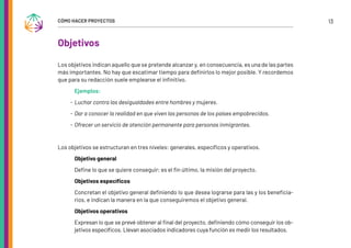 13
CÓMO HACER PROYECTOS
Objetivos
Los objetivos indican aquello que se pretende alcanzar y, en consecuencia, es una de las partes
más importantes. No hay que escatimar tiempo para definirlos lo mejor posible. Y recordemos
que para su redacción suele emplearse el infinitivo.
Ejemplos:
- Luchar contra las desigualdades entre hombres y mujeres.
- Dar a conocer la realidad en que viven las personas de los países empobrecidos.
- Ofrecer un servicio de atención permanente para personas inmigrantes.
Los objetivos se estructuran en tres niveles: generales, específicos y operativos.
Objetivo general
Define lo que se quiere conseguir; es el fin último, la misión del proyecto.
Objetivos específicos
Concretan el objetivo general definiendo lo que desea lograrse para las y los beneficia-
rios, e indican la manera en la que conseguiremos el objetivo general.
Objetivos operativos
Expresan lo que se prevé obtener al final del proyecto, definiendo cómo conseguir los ob-
jetivos específicos. Llevan asociados indicadores cuya función es medir los resultados.
 