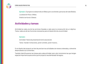 16
CÓMO HACER PROYECTOS
Ejemplo: El proyecto se desarrolla en Bilbao pero se atiende a personas de toda Bizkaia.
Localización física: Bilbao.
Ámbito territorial: Bizkaia.
Actividades y tareas
Actividad es cada una de las acciones llevadas a cabo para la consecución de un objetivo.
Tarea, cada una de las funciones necesarias para el desarrollo de una actividad.
Ejemplo:
Actividad: fiesta de presentación de la asociación.
Tarea: mandar invitaciones, poner carteles, poner música…
En el diseño del proyecto se han de precisar las actividades de manera ordenada y coherente
desarrollando sus contenidos.
También identificaremos las tareas para cada actividad, pero sólo incluiremos las que tengan
especial importancia para evitar que el proyecto sea demasiado farragoso.
 