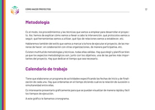 17
CÓMO HACER PROYECTOS
Metodología
Es el modo, los procedimientos y las técnicas que vamos a emplear para desarrollar el proyec-
to. Así, hemos de explicar cómo vamos a llevar a cabo la intervención, qué protocolos vamos a
seguir, qué herramientas vamos a utilizar, qué tipo de relaciones vamos a establecer, etc.
Hablaremos también del estilo que vamos a marcar a la hora de ejecutar el proyecto, de las ma-
neras de hacer: en colaboración con otras organizaciones, de manera participativa, etc.
Existen multitud de metodologías y técnicas, todas ellas válidas. Hay que elegir y planificar bien
ya que los aspectos metodológicos son, junto con los objetivos, una de las partes más impor-
tantes del proyecto. Hay que dedicar el tiempo que sea necesario.
Calendario de trabajo
Tiene que elaborarse un programa de actividades especificando las fechas de inicio y de finali-
zación de cada una. Hay que ordenarlas en el tiempo diciendo cuál es la relación de sucesión o
simultaneidad entre ellas.
Es interesante presentarlo gráficamente para que se puedan visualizar de manera rápida y fácil
los tiempos de ejecución.
A este gráfico le llamamos cronograma.
 
