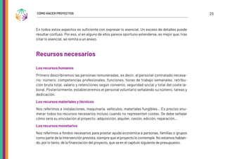 20
CÓMO HACER PROYECTOS
En todos estos aspectos es suficiente con expresar lo esencial. Un exceso de detalles puede
resultar confuso. Por eso, si en alguno de ellos parece oportuno extenderse, es mejor que, tras
citar lo esencial, se remita a un anexo.
Recursos necesarios
Los recursos humanos
Primero describiremos las personas remuneradas, es decir, el personal contratado necesa-
rio: número, competencias profesionales, funciones, horas de trabajo semanales, retribu-
ción bruta total, salario y retenciones según convenio, seguridad social y total del coste la-
boral. Posteriormente, estableceremos el personal voluntario señalando su número, tareas y
dedicación.
Los recursos materiales y técnicos
Nos referimos a instalaciones, maquinaria, vehículos, materiales fungibles… Es preciso enu-
merar todos los recursos necesarios incluso cuando no representen costes. Se debe señalar
cómo será su vinculación al proyecto: adquisición, alquiler, cesión, edición, reparación…
Los recursos monetarios
Nos referimos a fondos necesarios para prestar ayuda económica a personas, familias o grupos
como parte de la intervención prevista, siempre que el proyecto lo contemple. No estamos hablan-
do, por lo tanto, de la financiación del proyecto, que va en el capítulo siguiente de presupuesto.
 