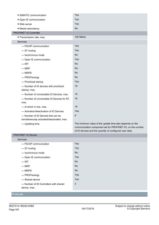 ● SIMATIC communication Yes
● Open IE communication Yes
● Web server Yes
● Media redundancy No
PROFINET IO Controller
● Transmission rate, max. 100 Mbit/s
Services
— PG/OP communication Yes
— S7 routing Yes
— Isochronous mode No
— Open IE communication Yes
— IRT No
— MRP No
— MRPD No
— PROFIenergy No
— Prioritized startup Yes
— Number of IO devices with prioritized
startup, max.
16
— Number of connectable IO Devices, max. 16
— Number of connectable IO Devices for RT,
max.
16
— of which in line, max. 16
— Activation/deactivation of IO Devices Yes
— Number of IO Devices that can be
simultaneously activated/deactivated, max.
8
— Updating time The minimum value of the update time also depends on the
communication component set for PROFINET IO, on the number
of IO devices and the quantity of configured user data.
PROFINET IO Device
Services
— PG/OP communication Yes
— S7 routing Yes
— Isochronous mode No
— Open IE communication Yes
— IRT No
— MRP No
— MRPD No
— PROFIenergy Yes
— Shared device Yes
— Number of IO Controllers with shared
device, max.
2
Protocols
6ES7214-1BG40-0XB0 Subject to change without notice
Page 5/9 04/17/2019 © Copyright Siemens
 