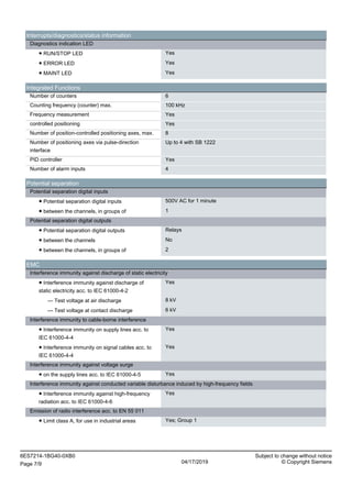 Interrupts/diagnostics/status information
Diagnostics indication LED
● RUN/STOP LED Yes
● ERROR LED Yes
● MAINT LED Yes
Integrated Functions
Number of counters 6
Counting frequency (counter) max. 100 kHz
Frequency measurement Yes
controlled positioning Yes
Number of position-controlled positioning axes, max. 8
Number of positioning axes via pulse-direction
interface
Up to 4 with SB 1222
PID controller Yes
Number of alarm inputs 4
Potential separation
Potential separation digital inputs
● Potential separation digital inputs 500V AC for 1 minute
● between the channels, in groups of 1
Potential separation digital outputs
● Potential separation digital outputs Relays
● between the channels No
● between the channels, in groups of 2
EMC
Interference immunity against discharge of static electricity
● Interference immunity against discharge of
static electricity acc. to IEC 61000-4-2
Yes
— Test voltage at air discharge 8 kV
— Test voltage at contact discharge 6 kV
Interference immunity to cable-borne interference
● Interference immunity on supply lines acc. to
IEC 61000-4-4
Yes
● Interference immunity on signal cables acc. to
IEC 61000-4-4
Yes
Interference immunity against voltage surge
● on the supply lines acc. to IEC 61000-4-5 Yes
Interference immunity against conducted variable disturbance induced by high-frequency fields
● Interference immunity against high-frequency
radiation acc. to IEC 61000-4-6
Yes
Emission of radio interference acc. to EN 55 011
● Limit class A, for use in industrial areas Yes; Group 1
6ES7214-1BG40-0XB0 Subject to change without notice
Page 7/9 04/17/2019 © Copyright Siemens
 
