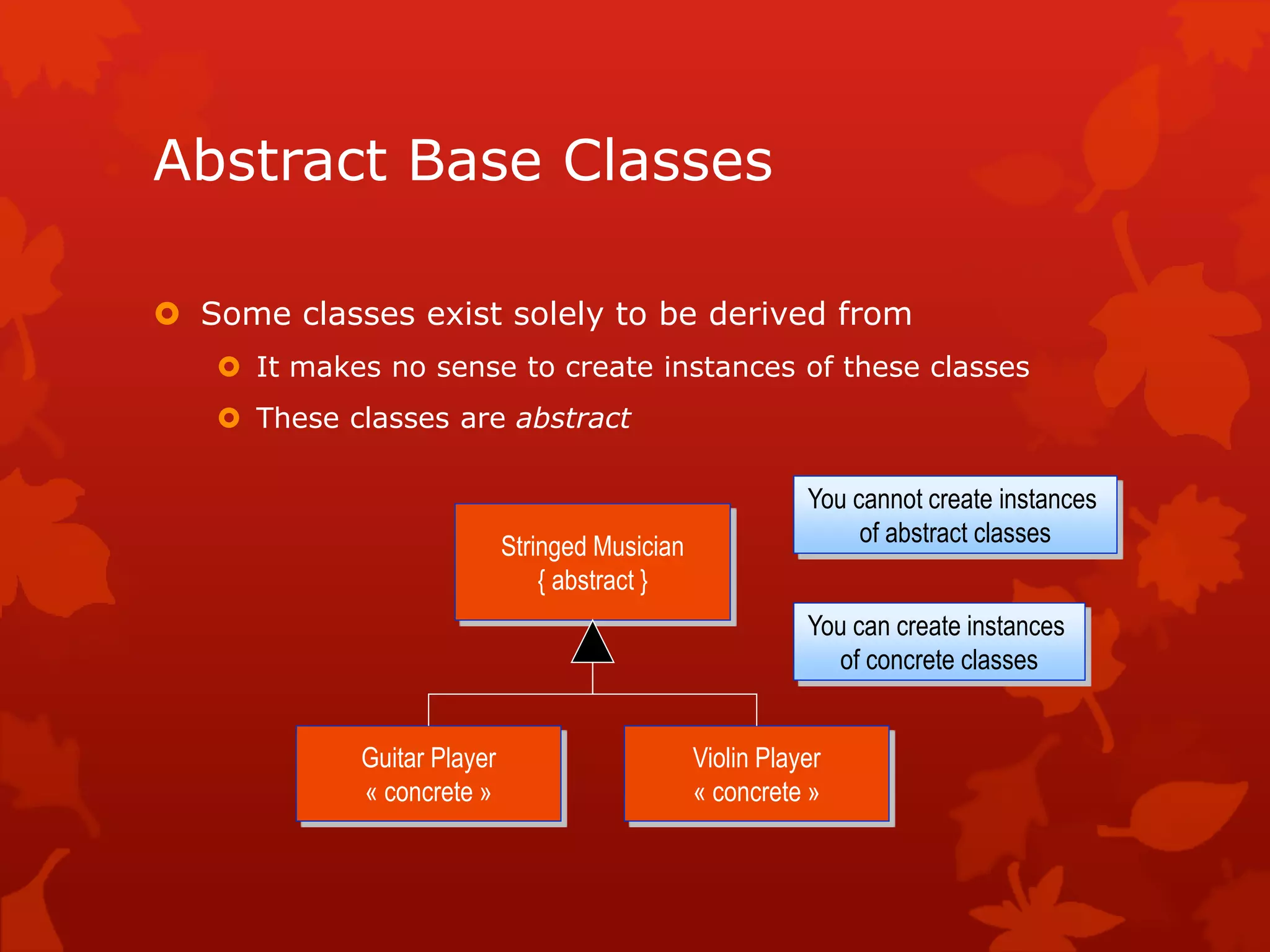 Abstract Base Classes
 Some classes exist solely to be derived from
 It makes no sense to create instances of these classes
 These classes are abstract
Stringed Musician
{ abstract }
Guitar Player
« concrete »
Violin Player
« concrete »
You can create instances
of concrete classes
You cannot create instances
of abstract classes
 