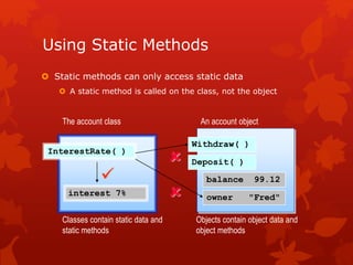 Using Static Methods
 Static methods can only access static data
 A static method is called on the class, not the object
InterestRate( )
interest 7%
Withdraw( )
Deposit( )
balance 99.12
owner "Fred"
An account objectThe account class
Classes contain static data and
static methods
Objects contain object data and
object methods



 