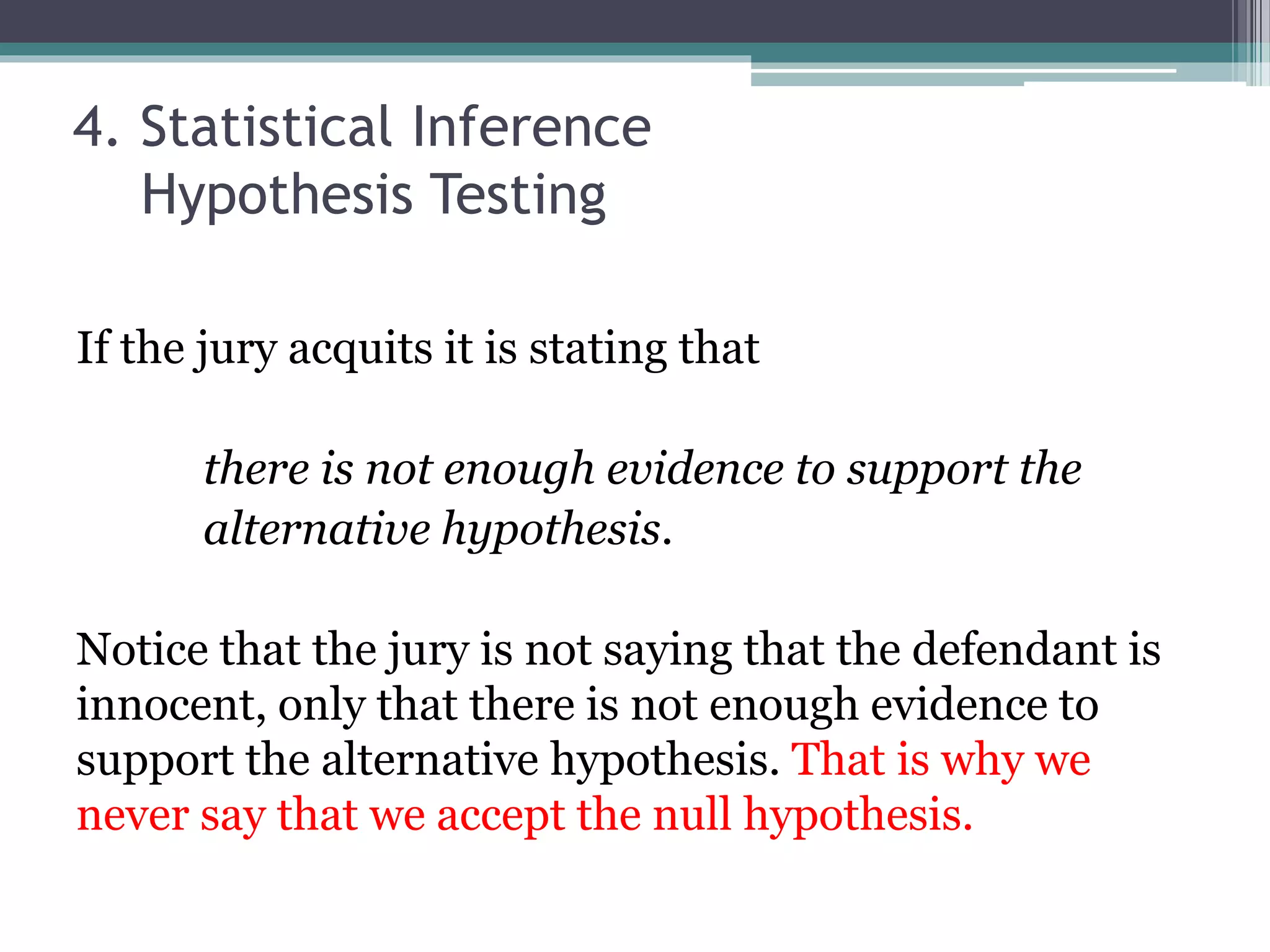 4. Statistical Inference
Hypothesis Testing
If the jury acquits it is stating that
there is not enough evidence to support the
alternative hypothesis.
Notice that the jury is not saying that the defendant is
innocent, only that there is not enough evidence to
support the alternative hypothesis. That is why we
never say that we accept the null hypothesis.
 