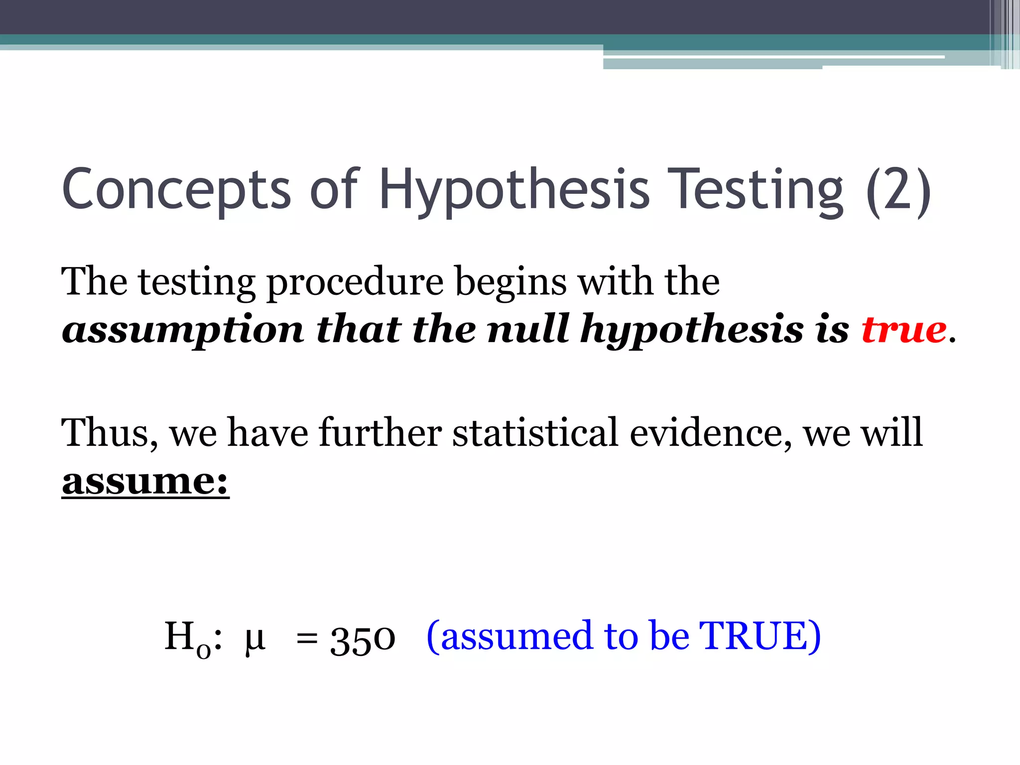 Concepts of Hypothesis Testing (2)
The testing procedure begins with the
assumption that the null hypothesis is true.
Thus, we have further statistical evidence, we will
assume:
H0: µ = 350 (assumed to be TRUE)
 