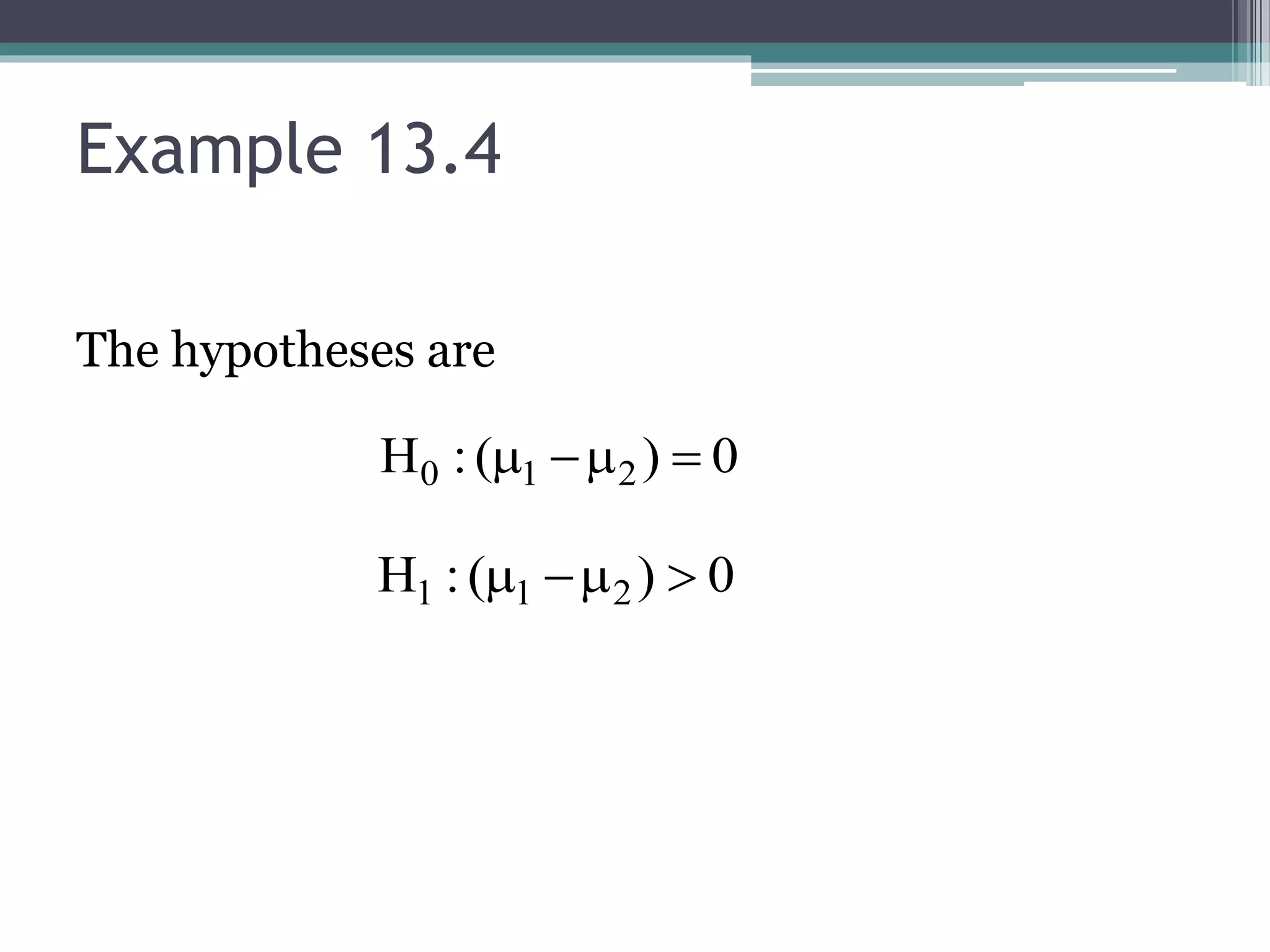 Example 13.4
The hypotheses are
0)(:H 210 
0)(:H 211 
 