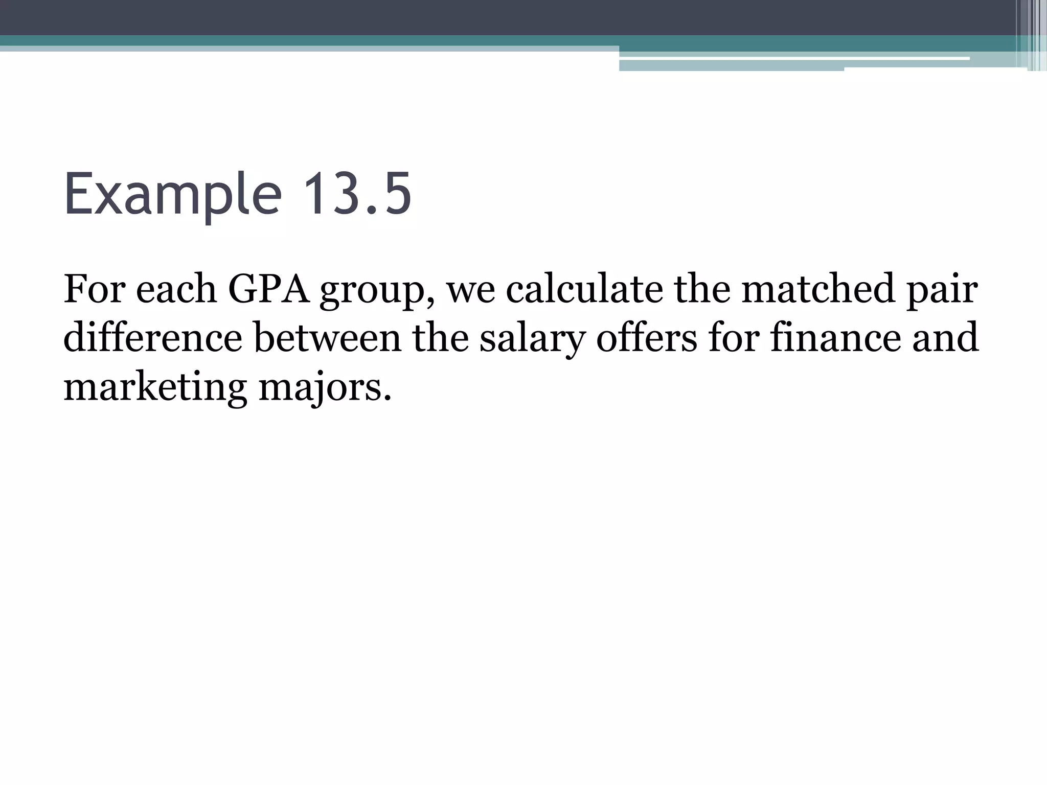 Example 13.5
For each GPA group, we calculate the matched pair
difference between the salary offers for finance and
marketing majors.
 