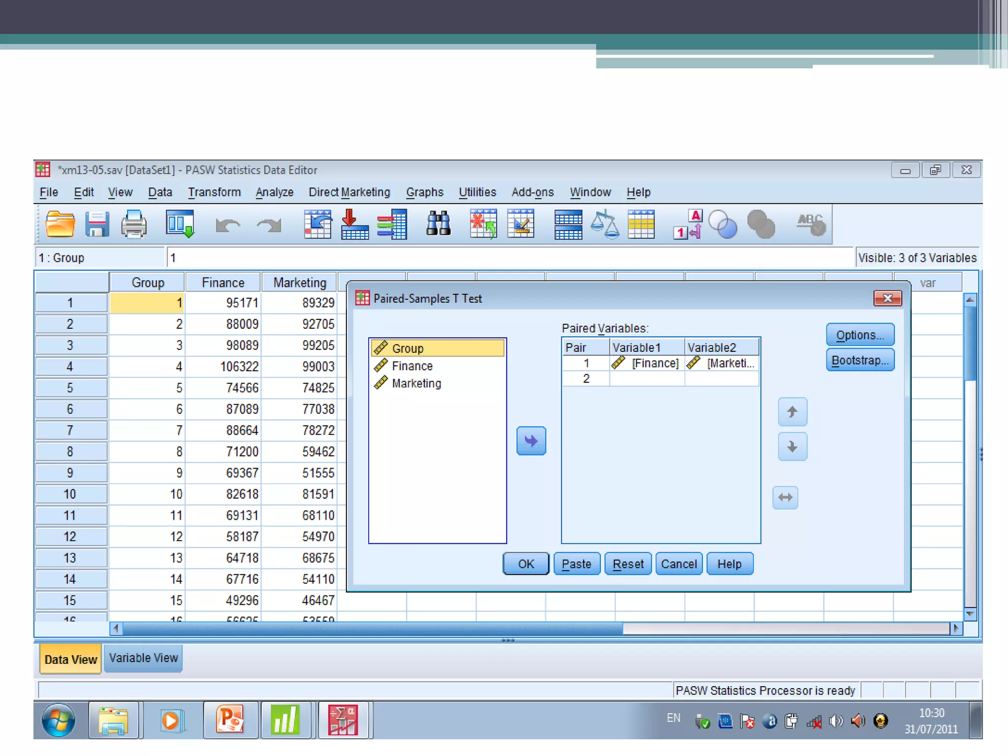 Using SPSS
Analyze > Compare Means > Paired Samples T
Test
 