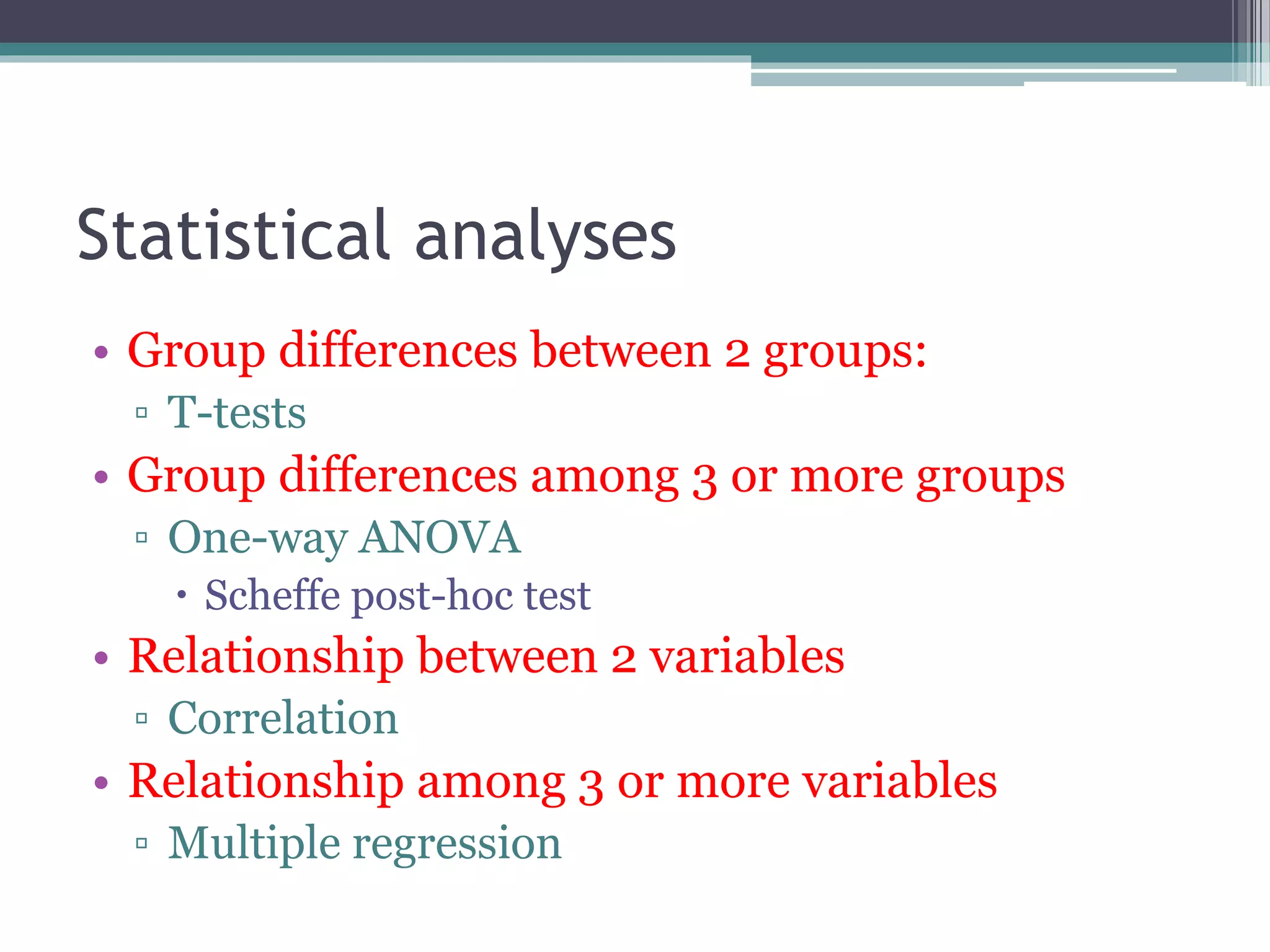 Statistical analyses
• Group differences between 2 groups:
▫ T-tests
• Group differences among 3 or more groups
▫ One-way ANOVA
 Scheffe post-hoc test
• Relationship between 2 variables
▫ Correlation
• Relationship among 3 or more variables
▫ Multiple regression
 