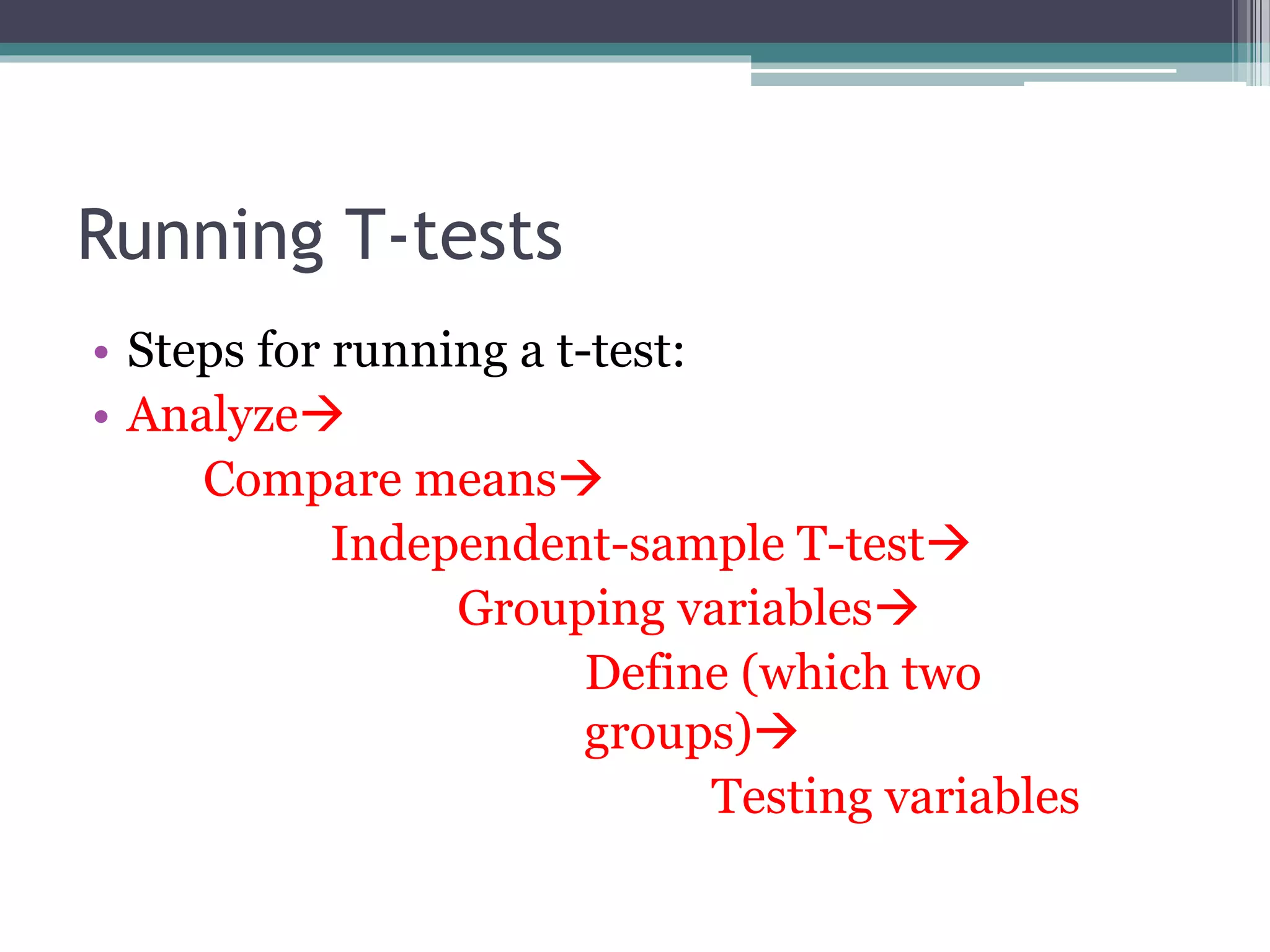 Running T-tests
• Steps for running a t-test:
• Analyze
Compare means
Independent-sample T-test
Grouping variables
Define (which two
groups)
Testing variables
 