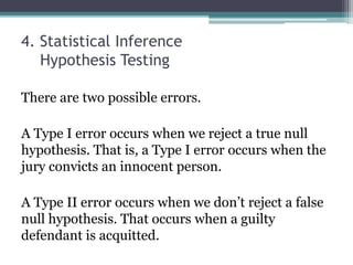 4. Statistical Inference
Hypothesis Testing
There are two possible errors.
A Type I error occurs when we reject a true null
hypothesis. That is, a Type I error occurs when the
jury convicts an innocent person.
A Type II error occurs when we don’t reject a false
null hypothesis. That occurs when a guilty
defendant is acquitted.
 
