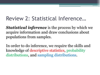 Review 2: Statistical Inference…
Statistical inference is the process by which we
acquire information and draw conclusions about
populations from samples.
In order to do inference, we require the skills and
knowledge of descriptive statistics, probability
distributions, and sampling distributions.
 