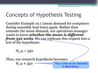 Concepts of Hypothesis Testing
Consider Example 10.1 (mean demand for computers
during assembly lead time) again. Rather than
estimate the mean demand, our operations manager
wants to know whether the mean is different
from 350 units. We can rephrase this request into a
test of the hypothesis:
H0:µ = 350
Thus, our research hypothesis becomes:
H1:µ ≠ 350 This is what we are interested
in determining…
 