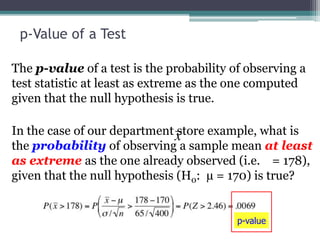 p-Value of a Test
The p-value of a test is the probability of observing a
test statistic at least as extreme as the one computed
given that the null hypothesis is true.
In the case of our department store example, what is
the probability of observing a sample mean at least
as extreme as the one already observed (i.e. = 178),
given that the null hypothesis (H0: µ = 170) is true?
p-value
 