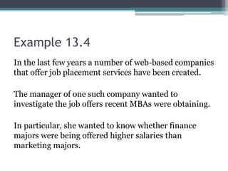 Example 13.4
In the last few years a number of web-based companies
that offer job placement services have been created.
The manager of one such company wanted to
investigate the job offers recent MBAs were obtaining.
In particular, she wanted to know whether finance
majors were being offered higher salaries than
marketing majors.
 
