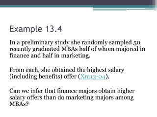 Example 13.4
In a preliminary study she randomly sampled 50
recently graduated MBAs half of whom majored in
finance and half in marketing.
From each, she obtained the highest salary
(including benefits) offer (Xm13-04).
Can we infer that finance majors obtain higher
salary offers than do marketing majors among
MBAs?
 