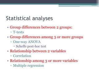 Statistical analyses
• Group differences between 2 groups:
▫ T-tests
• Group differences among 3 or more groups
▫ One-way ANOVA
 Scheffe post-hoc test
• Relationship between 2 variables
▫ Correlation
• Relationship among 3 or more variables
▫ Multiple regression
 