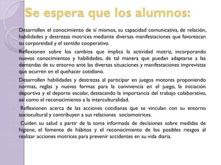 Se espera que los alumnos:
 Desarrollen el conocimiento de sí mismos, su capacidad comunicativa, de relación,
habilidades y destrezas motrices mediante diversas manifestaciones que favorezcan
su corporeidad y el sentido cooperativo.
 Reflexionen sobre los cambios que implica la actividad motriz, incorporando
nuevos conocimientos y habilidades, de tal manera que puedan adaptarse a las
demandas de su entorno ante las diversas situaciones y manifestaciones imprevistas
que ocurren en el quehacer cotidiano.
 Desarrollen habilidades y destrezas al participar en juegos motores proponiendo
normas, reglas y nuevas formas para la convivencia en el juego, la iniciación
deportiva y el deporte escolar, destacando la importancia del trabajo colaborativo,
así como el reconocimiento a la interculturalidad.
 Reflexionen acerca de las acciones cotidianas que se vinculan con su entorno
sociocultural y contribuyen a sus relaciones sociomotrices.
 Cuiden su salud a partir de la toma informada de decisiones sobre medidas de
higiene, el fomento de hábitos y el reconocimiento de los posibles riesgos al
realizar acciones motrices para prevenir accidentes en su vida diaria.
 