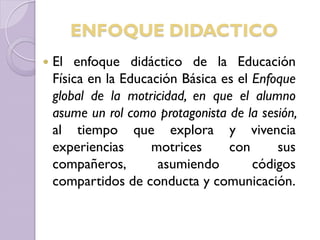  El enfoque didáctico de la Educación
Física en la Educación Básica es el Enfoque
global de la motricidad, en que el alumno
asume un rol como protagonista de la sesión,
al tiempo que explora y vivencia
experiencias motrices con sus
compañeros, asumiendo códigos
compartidos de conducta y comunicación.
ENFOQUE DIDACTICO
 