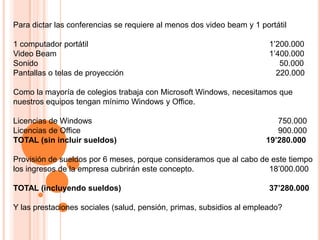 Para dictar las conferencias se requiere al menos dos video beam y 1 portátil1 computador portátil						1’200.000Video Beam							1’400.000Sonido						   	50.000Pantallas o telas de proyección		   			  220.000Como la mayoría de colegios trabaja con Microsoft Windows, necesitamos que nuestros equipos tengan mínimo Windows y Office.Licencias de Windows 						    750.000Licencias de Office						    900.000TOTAL (sin incluir sueldos) 				19’280.000Provisión de sueldos por 6 meses, porque consideramos que al cabo de este tiempo los ingresos de la empresa cubrirán este concepto.			18’000.000TOTAL (incluyendo sueldos)					37’280.000Y las prestaciones sociales (salud, pensión, primas, subsidios al empleado?