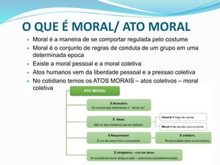 O QUE É MORAL/ ATO MORAL
 Moral é a maneira de se comportar regulada pelo costume
 Moral é o conjunto de regras de conduta de um grupo em uma
determinada epoca
 Existe a moral pessoal e a moral coletiva
 Atos humanos vem da liberdade pessoal e a pressao coletiva
 No cotidiano temos os ATOS MORAIS – atos coletivos – moral
coletiva
 