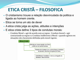 ETICA CRISTÃ – FILOSOFICA
 O cristianismo trouxe a relação desvinculada da politica e
ligada ao homem crente.
 Etica se torna um ato de dever
 A etica crista julga as ações, atitudes e intenções
 E etica crista define 3 tipos de condutas morais:
 Conduta Moral = agir de acordo com as regras; Conduta Imoral = agir
contrariando as regras e a Conduta Indiferente à Moral = quando agimos em
situações não claramente definidas pela moral vigente.
 