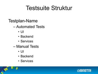 Testsuite Struktur 
Testplan-Name 
–AutomatedTests 
•UI 
•Backend 
•Services 
–Manual Tests 
•UI 
•Backend 
•Services  