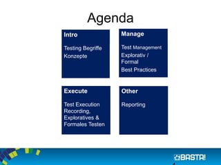 Agenda 
4 
Intro 
Testing Begriffe 
Konzepte 
Manage 
Test Management 
Explorativ/ Formal 
Best Practices 
Execute 
Test Execution Recording, Exploratives& FormalesTesten 
Other 
Reporting  