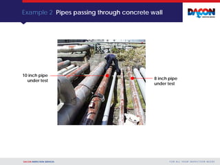 DACON INSPECTION SERVICES F O R A L L YO U R I N S P E C T I O N N E E D S
Example 2 Pipes passing through concrete wall
10 inch pipe
under test 8 inch pipe
under test
 