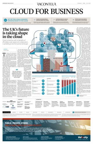 INDEPENDENT PUBLICATION BY 14 / 02 / 2016#0358raconteur.net
Buying cloud computing has reached a tipping
point as companies transform their businesses
Cloud newcomers want measurable business
transformation with speed and value for money
Cloud computing has made many ideas from our
favourite books and films an everyday reality
GET SET FOR A SMALL-BUSINESS
SPENDING BOOST IN THE CLOUD
CLOUDY OUTLOOK SIGNALS
BUSINESS DISRUPTION AHEAD
A SECOND WAVE OF CLOUD IS
ROLLING IN ACROSS THE UK
TOP TEN WAYS THE CLOUD IS
GOING BACK TO THE FUTURE
Almost half the UK’s smaller businesses are set to spend more on cloud technology
03 05 07 08
CLOUD FOR BUSINESS
The UK’s future
is taking shape
in the cloud
Cloud computing, with its benefits of
affordable scale, speed and collaboration,
is spreading across the business landscape
OVERVIEW
DAN MATTHEWS
T
he cloud is the infrastructure
in cyberspace from which a
new digital landscape is being
shaped. Advances in exciting,
emergent innovations, such as the in-
ternet of things and machine-learning,
are being driven forward by this ubiqui-
tous internet technology which promotes
speed and collaboration.
In a cosmic blink of an eye it has trans-
formed the world of work and the structure
of business, literally causing organisations
to reshape everything they do from how
and who they recruit, to the energy and re-
sources they commit to simple operations.
“The cloud’s scalability, flexibility and
ubiquity helps com-
panies cope with the
internal and external
pressures that come
with growing into new
markets or launching
new products and ser-
vices,” explains Len
Padilla, vice president
of product strategy at
NTT Communications.
“Procuring ICT as a
service through the
cloud eradicates the
barriers associated with on-premises sys-
tems, accelerating the pace of change and
making it possible for IT to deliver new ca-
pabilities as fast as the rest of the business
demands them.”
Large companies are learning to love the
cloud. It’s greener than old legacy systems,
which is great for public relations; it’s pay
as you go, which means there’s little or
no waste; there’s a lot less capital invest-
ment to make upfront; and it’s flexible, at
a stroke turning you into one of those agile
businesses you hear so much about.
For small businesses it’s arguably even
more useful. Many startup costs are re-
duced to a singularity, communications are
elegant, data is accurate, immediate and
everywhere, while the cost of scaling your
business is also cut drastically.
The cloud helps businesses
of any size create products
faster and with far great-
er reach than before. It aids
small and medium-sized en-
terprises, such as Sim Ven-
ture, which is about to launch
a cloud version of its Win-
dows-based simulation software
that helps people learn how to start
and run a business.
“Reduced costs, collaborative learning
opportunities and ease of use makes cloud
technology a natural choice for people
seeking to acquire, develop and enhance
skills,” says Sim Venture’s managing direc-
tor Peter Harrington.
The cloud even helps out one-man bands
that only a few years ago were reluctantly
coming to terms with having to build a web-
site, says Rich Reece,
Europe vice president
and managing director
of Intuit.
“The likes of trades-
men, consultancies and
small-scale profession-
al service businesses
all extract significant
value in being able to
run their business on
the go, and collaborate
with customers, suppli-
ers and clients in real
time,” he says.
Mr Reece says finance is an area particu-
larly ripe for change. The cloud eliminates
paperwork and businesses can make fast,
informed decisions based on the real-time
data at their fingertips 24/7.
“The previous alternatives were compli-
cated and unwieldly spreadsheets or even
physical records, both of which radically
drained resources and kept owners from
seeing a complete picture of their busi-
ness,” he says.
The cloud is even having a say over how
businesses are securing finance. Just ten
years ago firms seeking venture capital, or
even a loan, had to allocate time for a grand
tour of financial institutions. Even then
there were no guarantees of finding one
prepared to stump up the cash.
We have reached a
tipping point where
adoption continues to
rise, paving the way
for new, disruptive
technologies
YOUR APPLICATIONS
Unparalleled ERP and systems expertise across
SAP, Oracle, JD Edwards, PeopleSoft, Hyperion,
Infor, Business Intelligence and infrastructure.
OUR PLATFORM
Significant cost savings leveraging our
proprietary Velocity Cloud Application
Management Platform.
ANY CLOUD
Best-in-class processes for granular control with
advanced monitoring, remediation and real-time
alerts across public, private or hybrid environments.
NO BOUNDRIES
Right workload, right place, right
time for secure, self-healing
Cloud deployments. +44 (0) 141 202 6300 | velocitycloud.co.uk
PUBLIC. PRIVATE. HYBRID.
BUILD YOUR OWN CLOUD WITH VELOCITY.
Your Cloud needs are unique. You need an innovative partner who guides you in building your Cloud to
your dynamic specs. Velocity and our Cloud Application Management Platform allow you to safely manage
your ERP application and infrastructure systems - on any cloud - with full visibility, security and control.
Join the more than 400 global enterprises who trust Velocity as the game-changing Cloud partner.
Now cloud-based crowdfunding plat-
forms, such as Crowdcube and Syndicate
Room in the UK and Kickstarter in the US,
bring the investors to you. So if you can write
a decent pitch and run a viable business, the
chances are you’ll get the money you need.
It’s little surprise, then, that adoption is
happening at light speed. Maurice
Martin, director of cloud busi-
ness at Microsoft, says his cli-
ents need little encourage-
ment to make the switch.
“Most of the conversations
I have with customers these
days are about how organ-
isations transition data to
the cloud, not why,” he says.
“Microsoft, among
others, has been educat-
ing organisations what the
benefits of moving to the
cloud are. We have reached
a tipping point where adop-
tion continues to rise,
paving the way for new,
disruptive technologies.”
Matthew Wyatt at global
technology business CGI
estimates that within
three years between 70
and 80 per cent of busi-
nesses will have the ma-
jority of their operations in
the cloud. Intuit’s Mr Preece
points to research suggesting
around 90 per cent of UK businesses run
at least one application in the cloud al-
ready, whether they are aware of it or not.
Like in a British summer, the cloud’s
progress seems unstoppable. But barriers
remain to universal adoption. Data regu-
lations prevent industries holding large
amounts of sensitive information from
hosting it off-site.
Mr Padilla at NTT Communications says
this means around 10 per cent of apps run
by IT departments are prevented from
moving to the cloud.
“It’s easy to fall into the trap of thinking
that the entire IT architecture must be
hosted in the cloud, but not everything be-
longs there. Decision-makers we have sur-
veyed on the whole did not believe cloud
to be the best option for systems of record,
directory and identity management appli-
cations,” he says.
“This sentiment was especially true in
industries such as financial and legal ser-
vices where security, governance and com-
pliance issues dictate strict data protec-
tion and data security, which often means
that data remain on-premises or in corpo-
rate data centres.”
It’s come a long way in a short time, but
the cloud is still an infant industry relative
to its potential. This year it will change at
warp speed, diversifying with new com-
plexities that serve our needs in better and
more relevant ways.
Perhaps it’s a good time to pause, take
stock and assess where the capricious
winds of the technology sector are blow-
ing the cloud.
Although this publication is funded through advertising and sponsorship, all editorial is without bias and spon-
sored features are clearly labelled. For an upcoming schedule, partnership inquiries or feedback, please call
+44 (0)20 3428 5230 or e-mail info@raconteur.net
Raconteur is a leading publisher of special-interest content and research. Its publications and articles cover a wide
range of topics, including business, finance, sustainability, healthcare, lifestyle and technology. Raconteur special
reports are published exclusively in The Times and The Sunday Times as well as online at raconteur.net
The information contained in this publication has been obtained from sources the Proprietors believe to be
correct. However, no legal liability can be accepted for any errors. No part of this publication may be repro-
duced without the prior consent of the Publisher. © Raconteur Media
CAROLINE BULLOCK
Former business edi-
tor, currently focused
on technology writing,
she contributes to The
Independent, Data
Centre Management
and Talk Business.
GREGOR PETRI
Research vice president
at Gartner, he covers
cloud computing,
brokerage and service
provider strategies.
HAZEL DAVIS
Freelance business
writer, she contributes
to The Times, Financial
Times, The Daily
Telegraph and The
Guardian.
MARK SAMUELS
Former editor of CIO
Connect and features
editor of Computing,
he specialises in IT
leadership issues.
DAN MATTHEWS
Journalist and author
of The New Rules of
Business, he writes for
newspapers, magazines
and websites on a range
of issues.
DAVEY WINDER
Award-winning
journalist and author,
he specialises in
information security,
contributing to Infos-
ecurity magazine.
CHARLES
ORTON-JONES
Award-winning
journalist, he was edi-
tor-at-large of London-
lovesBusiness.com and
editor of EuroBusiness.
Share this article online via
raconteur.net
DISTRIBUTED IN
DISTRIBUTION
PARTNER
PUBLISHED IN
ASSOCIATION WITH
BUSINESS CULTURE FINANCE HEALTHCARE LIFESTYLE SUSTAINABILITY TECHNOLOGY INFOGRAPHICS raconteur.net/cloud-for-business-2016
RACONTEUR
PUBLISHING MANAGER
Nada Ali
DIGITAL AND SOCIAL MANAGER
Sarah Allidina
HEAD OF PRODUCTION
Natalia Rosek
DESIGN
Samuele Motta
Grant Chapman
Kellie Jerrard
PRODUCTION EDITOR
Benjamin Chiou
MANAGING EDITOR
Peter Archer
CONTRIBUTORS
Improved communication
between departments
TOP 5 BENEFITS ACHIEVED FROM CLOUD SERVICES DEPLOYMENT
Doing more development
through an agile methodology
Source: Cloud Industry Forum 2015
Improved customer engagement
GROWTH OF UK CLOUD ADOPTION
TANGIBLE
Improved collaboration
between departments
INTANGIBLE
Survey of public and private UK companies
Improved customer service
On-demand/predictable cost
Reduction in
capital expenditure
YesNo
Cost-savings over
on-premise solutions
Does your company have
any hosted or cloud-based
services in use?
Faster access to technology
More flexible access
to technology
01
02
03
04
05
01
02
03
04
05
2010 2011 2012 2013 2014
48%
53%
61%
69%
78%
84%
2015
52% 47% 39% 31% 22% 16%
 