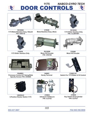 800-437-3667 FAX 800-356-8858
DOOR CONTROLS
800-437-3667 FAX 800-356-8858
103
DOOR CONTROLS
R219528
1175 Motor/Gearbox Assy. Rebuilt
P/N: CR4110
R219206
Motor W/ Encoder
P/N: CR4164
219206
Motor W/ Encoder
219528
Motor/Gearbox Assy. (New)
219530
1175 Slider Gearbox Only
219821-01
Switch For 1175 Slider U-10 Control
148903
Handy Terminal
R248901
Processor Control GT Swing/Slide
Specify Version P/N: CR3005
219923
Ultralock Fail/Secure
P/N: CL5722
149258-03
3-Position Rocker Switch 1175
219820
Key Switch Dual Cylinder
P/N: CL4727
1175
R219530
1175 Slider Gearbox Only
P/N: CL2001097
NABCO-GYRO TECH
 