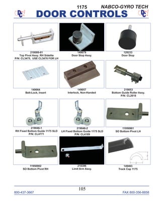 800-437-3667 FAX 800-356-8858
DOOR CONTROLS
800-437-3667 FAX 800-356-8858
105
DOOR CONTROLS
1175
149463
Track Cap 1175
149064
Belt-Lock, Insert
219053
Bottom Guide Roller Assy.
P/N: CL2618
128233
Door Stop
149057
Interlock, Non-Handed
149079
Door Stop Assy.
219046-1
RH Fixed Bottom Guide 1175 SLD
P/N: CL4771
219046-2
LH Fixed Bottom Guide 1175 SLD
P/N: CL4189
11950901
SO Bottom Pivot LH
218088-01
Top Pivot Assy. RH Sidelite
P/N: CL3475, USE CL3476 FOR LH
11950902
SO Bottom Pivot RH
218396
Limit Arm Assy.
NABCO-GYRO TECH
 