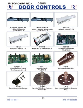 800-437-3667 FAX 800-356-8858
110
DOOR CONTROLS
R415638BR or R415638BL
710 Gemini Operator
Specify RH or LH
415638R or 415638L
Gemini 710 Motor, Gear & Closer
Specify RH or LH
R218735
GT Gemini Control Board
P/N: CR4006
R24-9800-01
Magnum Control Rebuilt
Specify Version (01-04)
R148703
Motor 115V DC Gemini 700/710
215648
Sprocket/Main Shaft Weldment
P/N: CL3460
128710
Main Output Shaft/Drive Sprocket
Assy.
148732
Gemini Microswitch/Swinger
4021-RH
Hydraulic Closer GT 710
4021-LH
Hydraulic Closer GT 710
249800-04
Magnum Control
P/N: CR4057
GEMINI
148705
Spiral Bevel Pinion Gear
NABCO-GYRO TECH
 