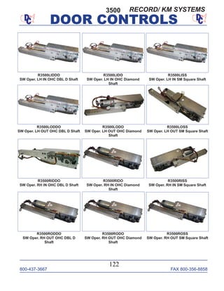 800-437-3667 FAX 800-356-8858
DOOR CONTROLS
800-437-3667 FAX 800-356-8858
122
DOOR CONTROLS
R3500RODO
SW Oper. RH OUT OHC Diamond
Shaft
R3500ROSS
SW Oper. RH OUT SM Square Shaft
R3500LIDDO
SW Oper. LH IN OHC DBL D Shaft
R3500LIDO
SW Oper. LH IN OHC Diamond
Shaft
R3500LISS
SW Oper. LH IN SM Square Shaft
R3500LODO
SW Oper. LH OUT OHC Diamond
Shaft
R3500RODDO
SW Oper. RH OUT OHC DBL D
Shaft
R3500RISS
SW Oper. RH IN SM Square Shaft
R3500RIDO
SW Oper. RH IN OHC Diamond
Shaft
R3500LODDO
SW Oper. LH OUT OHC DBL D Shaft
R3500LOSS
SW Oper. LH OUT SM Square Shaft
R3500RIDDO
SW Oper. RH IN OHC DBL D Shaft
3500 RECORD/ KM SYSTEMS
 