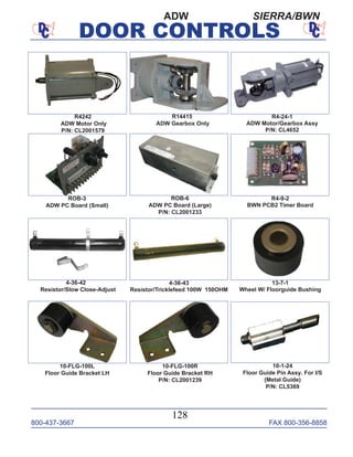 800-437-3667 FAX 800-356-8858
DOOR CONTROLS
800-437-3667 FAX 800-356-8858
128
DOOR CONTROLS
R4-9-2
BWN PCB2 Timer Board
4-36-43
Resistor/Tricklefeed 100W 150OHM
13-7-1
Wheel W/ Floorguide Bushing
10-1-24
Floor Guide Pin Assy. For I/S
(Metal Guide)
P/N: CL5369
R4242
ADW Motor Only
P/N: CL2001579
SIERRA/BWN
R4-24-1
ADW Motor/Gearbox Assy
P/N: CL4652
ROB-6
ADW PC Board (Large)
P/N: CL2001233
ROB-3
ADW PC Board (Small)
R14415
ADW Gearbox Only
4-36-42
Resistor/Slow Close-Adjust
10-FLG-100L
Floor Guide Bracket LH
10-FLG-100R
Floor Guide Bracket RH
P/N: CL2001239
ADW
 