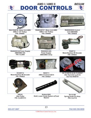 800-437-3667 FAX 800-356-8858
©2006 Door Control Services, Inc.
DOOR CONTROLS
800-437-3667 FAX 800-356-8858
13
©2006 Door Control Services, Inc.
DOOR CONTROLS
AMD I / AMD II BESAM
R0415548726 Motor Unit AMD/
EMD (1 1/4" Pulley)
P/N: CR4094
R0402548727 Motor Unit AMD/
EMD (1 3/4 "Pulley)
P/N: CR4040
R04026551285
Power Supply
AMD/EMD-5 Amp
R0402655128 Power Supply
AMD/EMD-10A
P/N: CL2685
R0402654935 Control
Unit AMD/EMD
P/N: CR4038
R655711
AMD II Control CUD 9
P/N: CR4021
R549712
Motor/Gearbox W/ Encoder
P/N: CR4023
04-15-548163 & 04-15-549667
Idler Sprocket Lg & Sm
See Part #550191
50-04-410DC
Shaft, Lower Guide System w/Fixed
Washer
OBSOLETE
550191
Idler Pulley
P/N: CL2001313
50-15-390
Spring Guide Pin Assy
P/N: CL2719
DC549712
Motor/Gearbox W/ Encoder
P/N: CR4023
 